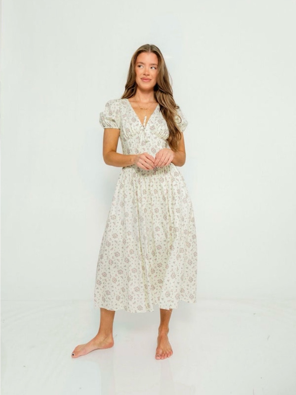 NWT Worth Collective Julie Midi Ivory/Pink Floral Short Sleeve Dress